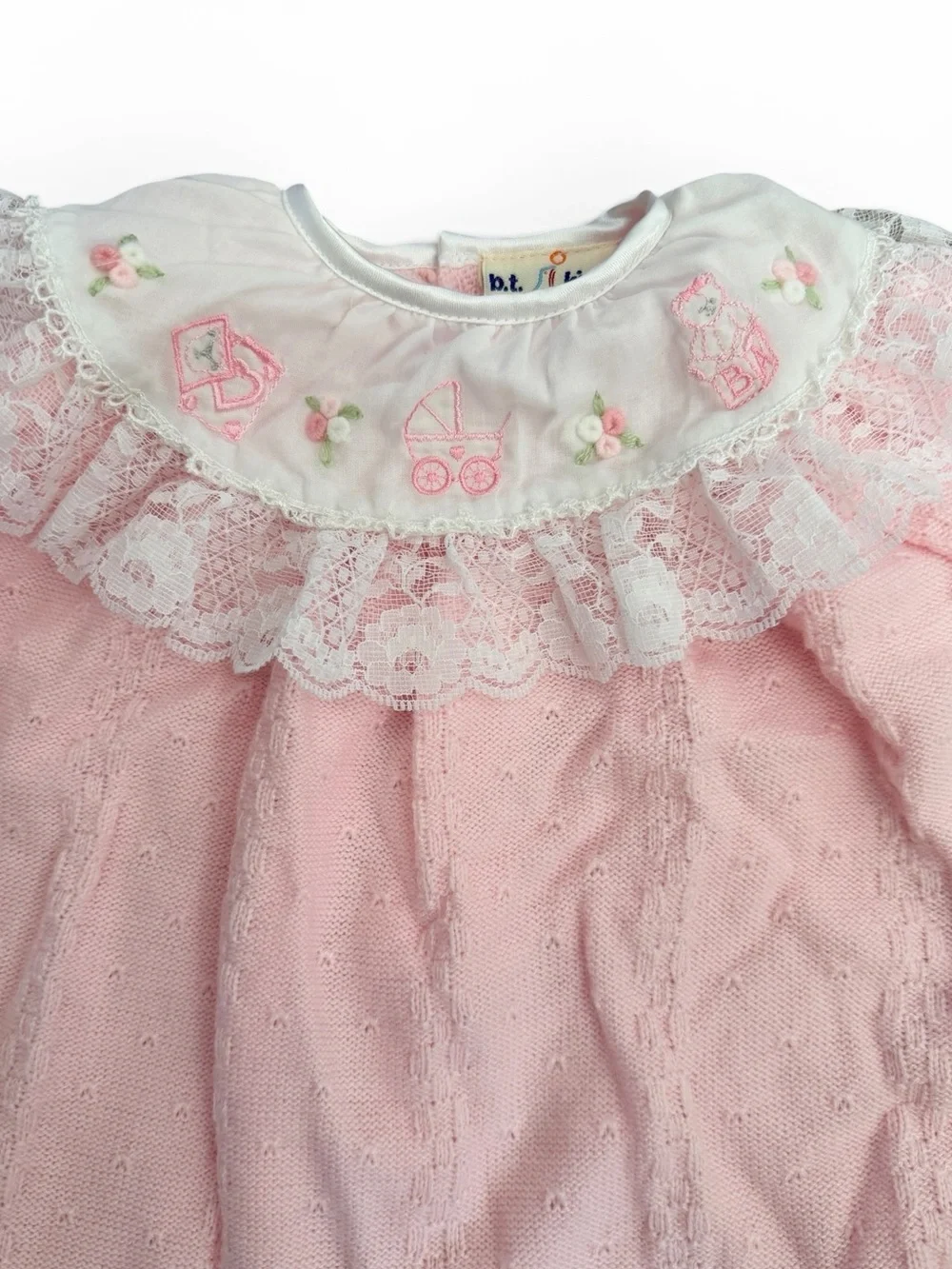 b.t. kids Pink Heirloom Knit Romper 3-6M Lace Collar Smocked Baby Bubble Outfit - Picture 2 of 6